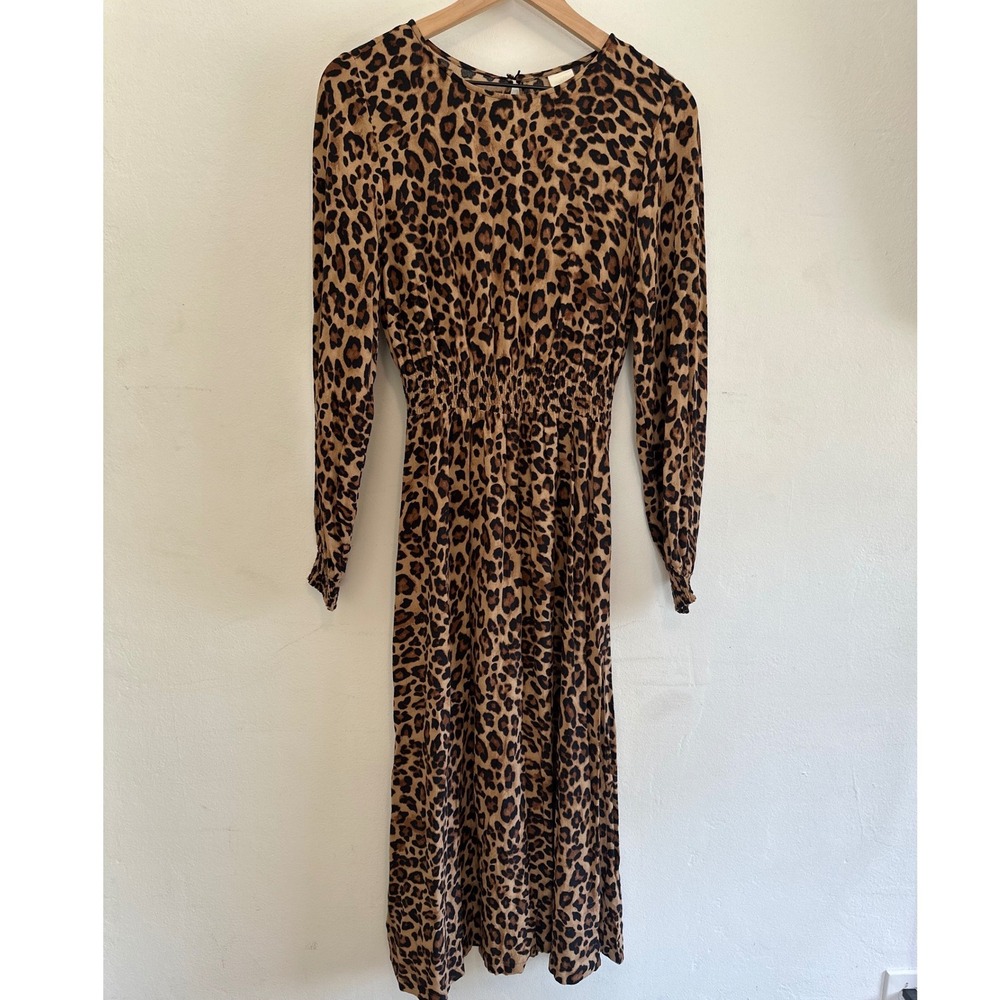 Leopard Print LS Smocked Waist Midi Dress Whimsygoth Chic Elevated Minimalist